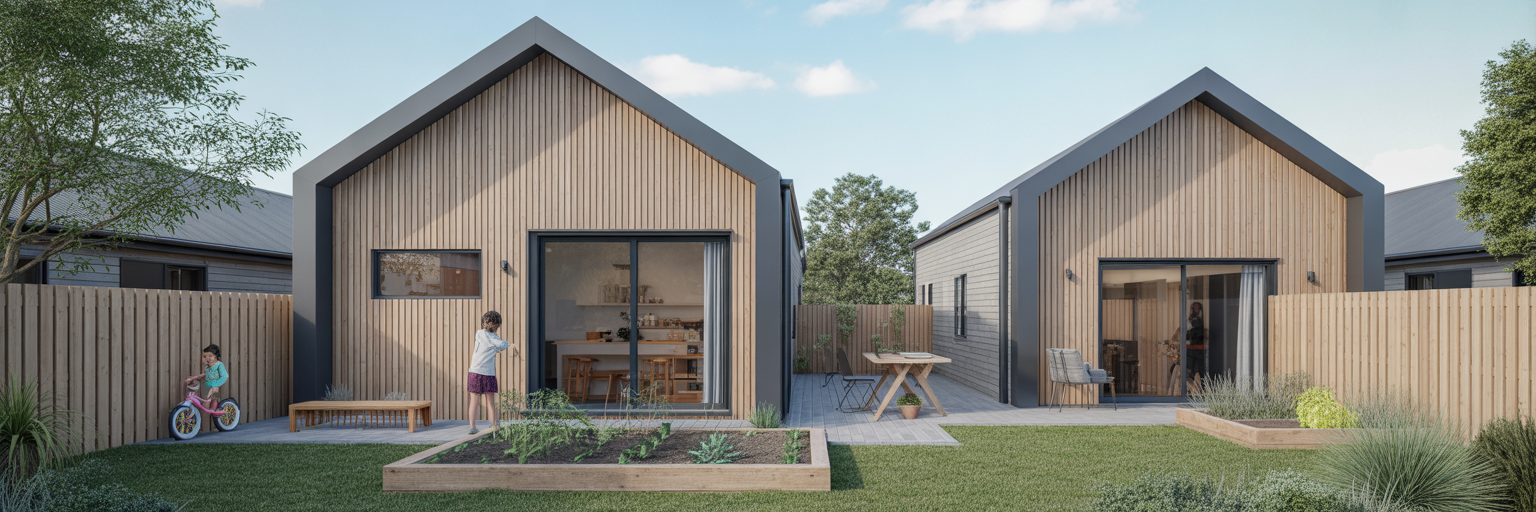 Shared courtyard between two multi-generational homes.