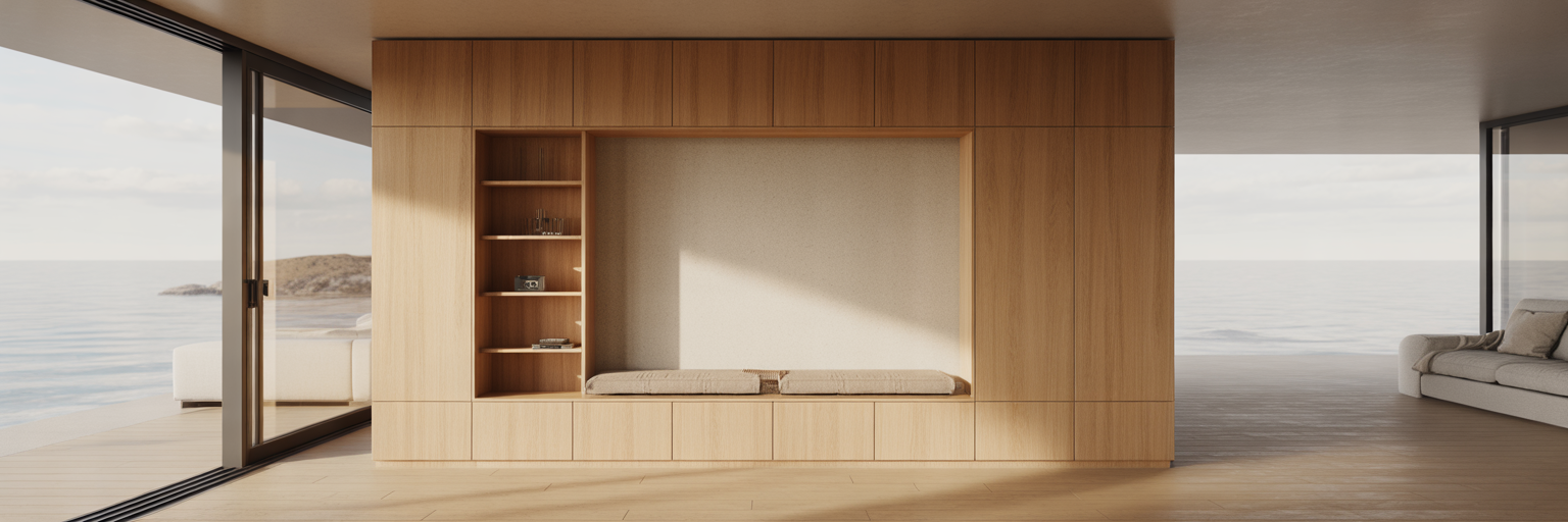 Minimalist living room with integrated smart technology.