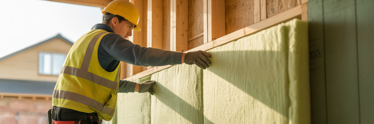 Installing home insulation in timber frame.