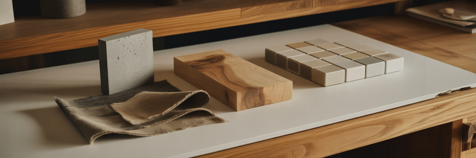 Curated home design material samples on bench.
