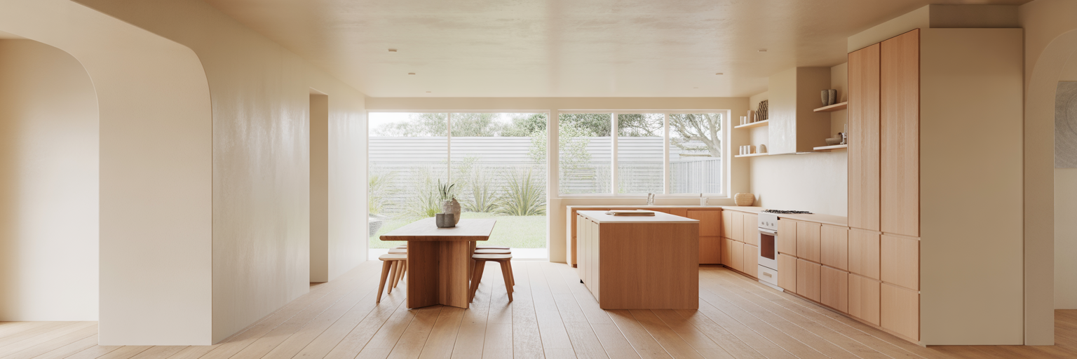 Open plan kitchen with cohesive timber flooring.