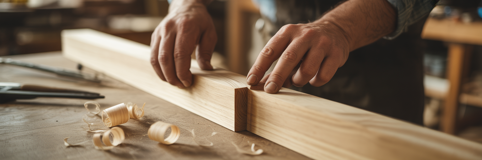Craftsperson joining two timber pieces precisely.