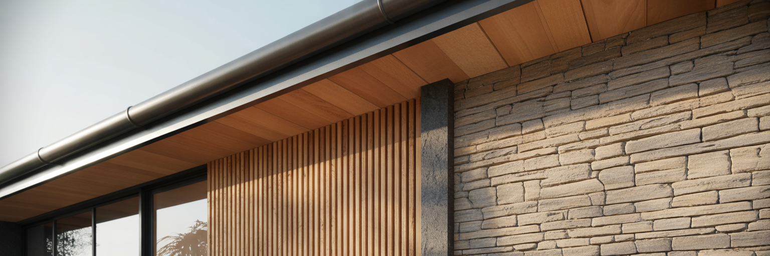Architectural detail of timber and stone exterior.