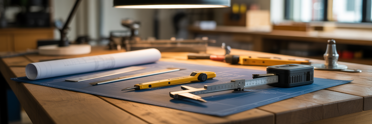 Professional tools on an architectural blueprint.