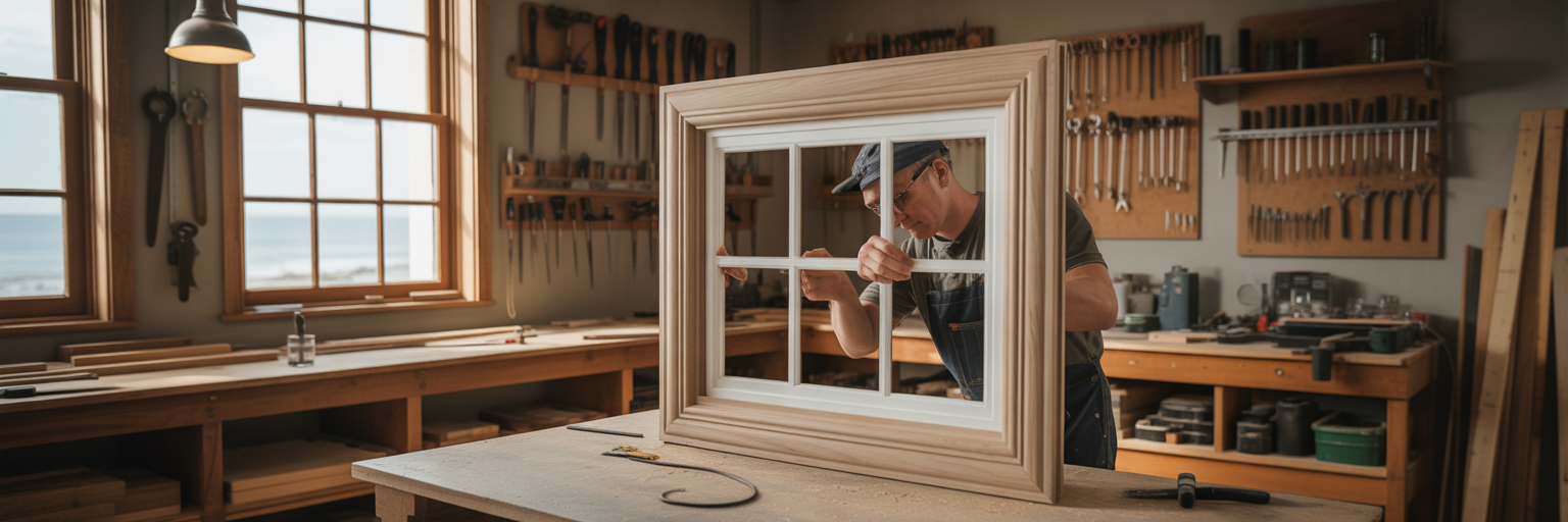 Craftsperson building durable timber window frame.