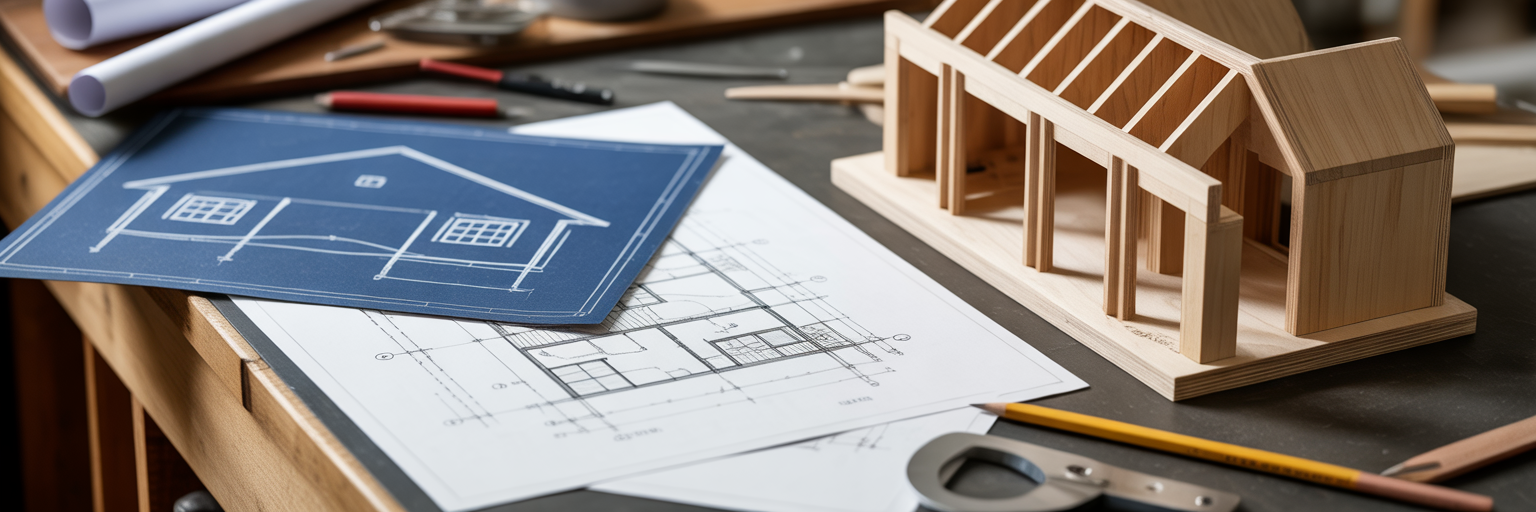 Architectural blueprints and model on workbench.