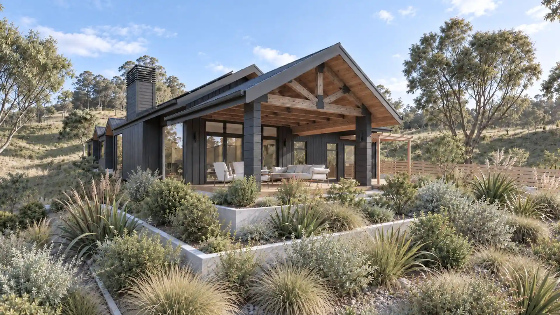 Dashwood House in Awatere Valley, Marlborough, featuring black cladding, exposed timber trusses and landscaped outdoor living.