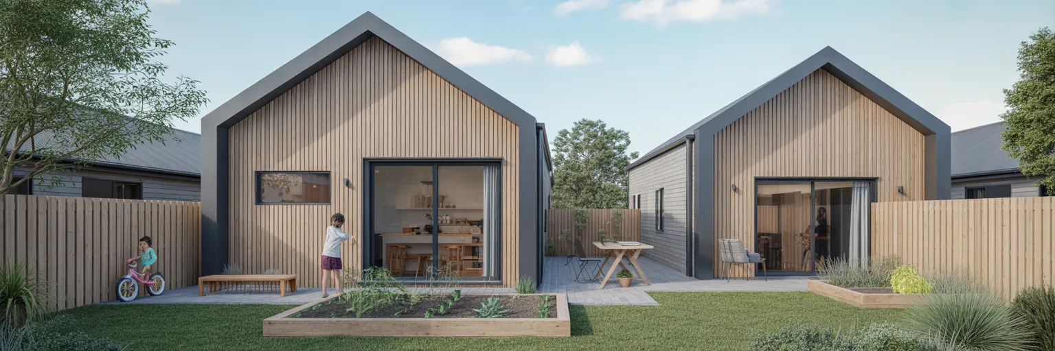 Shared courtyard between two multi-generational homes.