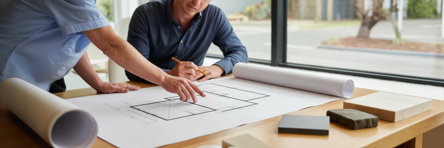 Client and designer collaborating on blueprints.