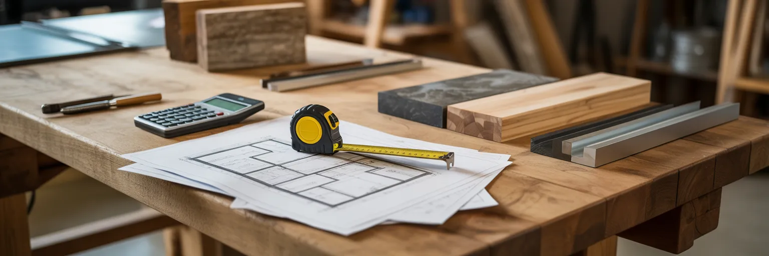 Architectural plans and building materials on workbench.