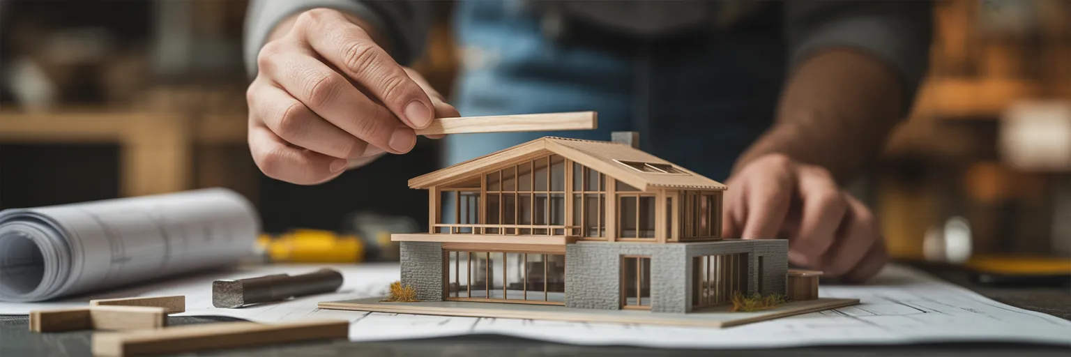 Hands working on a timber house model beside design tools.