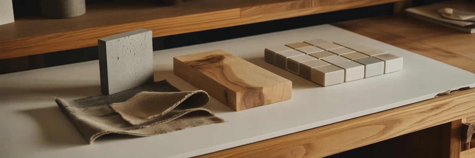 Curated home design material samples on bench.