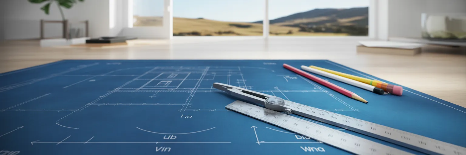Architectural tools on a blueprint showing sun paths.