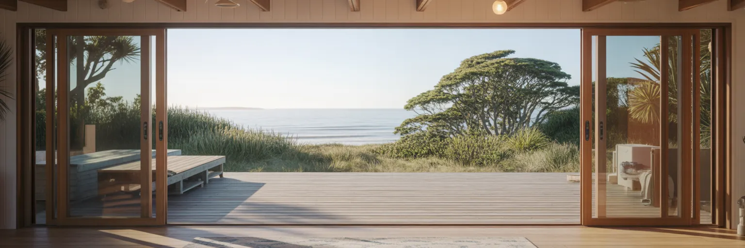 Open plan living room flowing onto coastal deck.