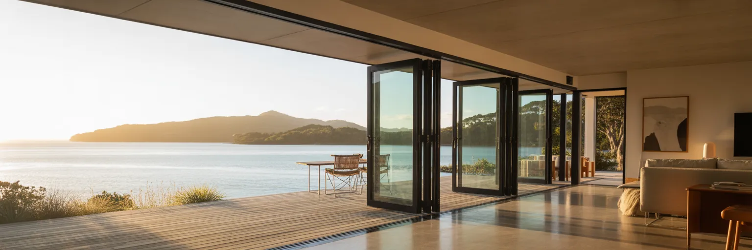 Open plan living room flowing onto timber deck