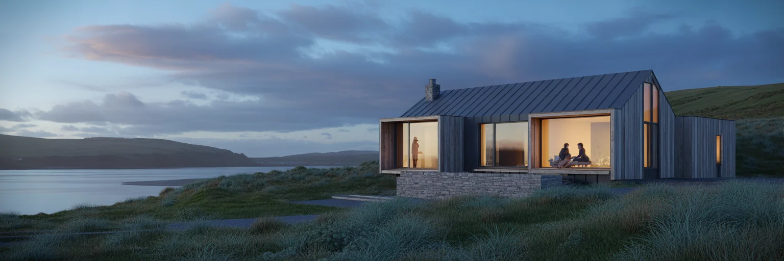 A small gabled home on a coastal headland.