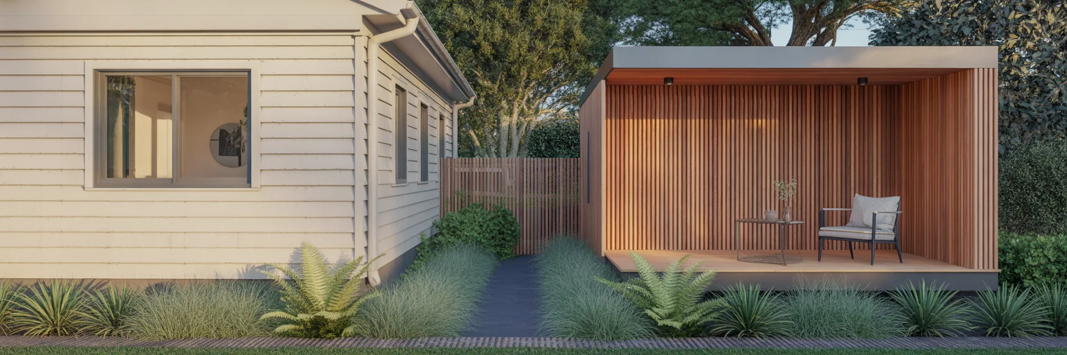 Timber screen providing privacy between two dwellings