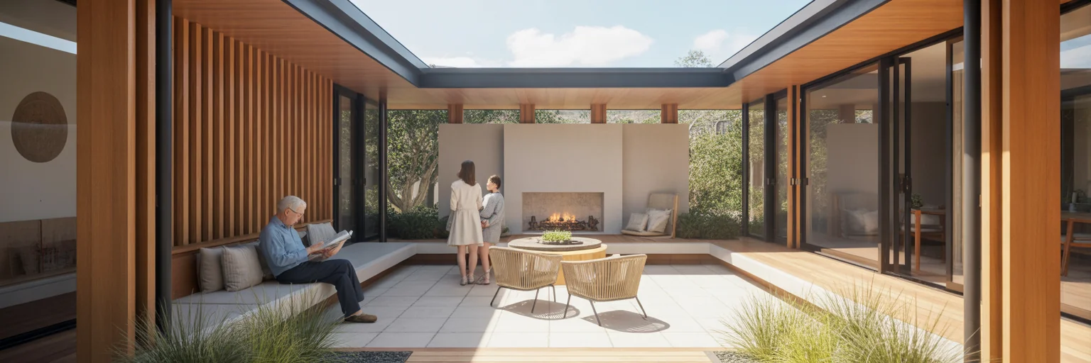 Family interacting in modern home courtyard
