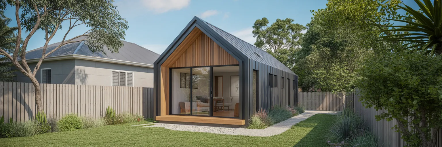 Two compact timber clad homes facing a planted shared garden.