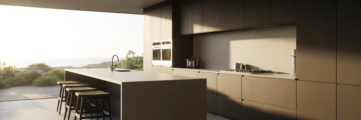 Modern minimalist kitchen with coastal view.
