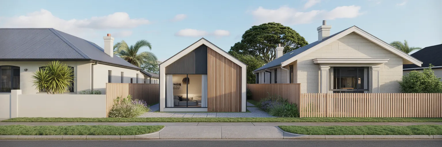 Modern infill home in backyard.