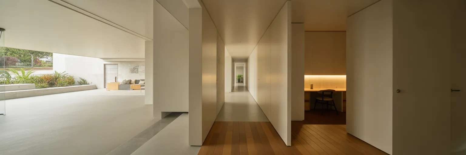 Modern home hallway transitioning to private study.