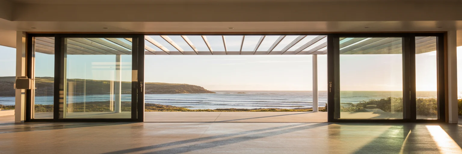 Energy efficient living room with coastal view.