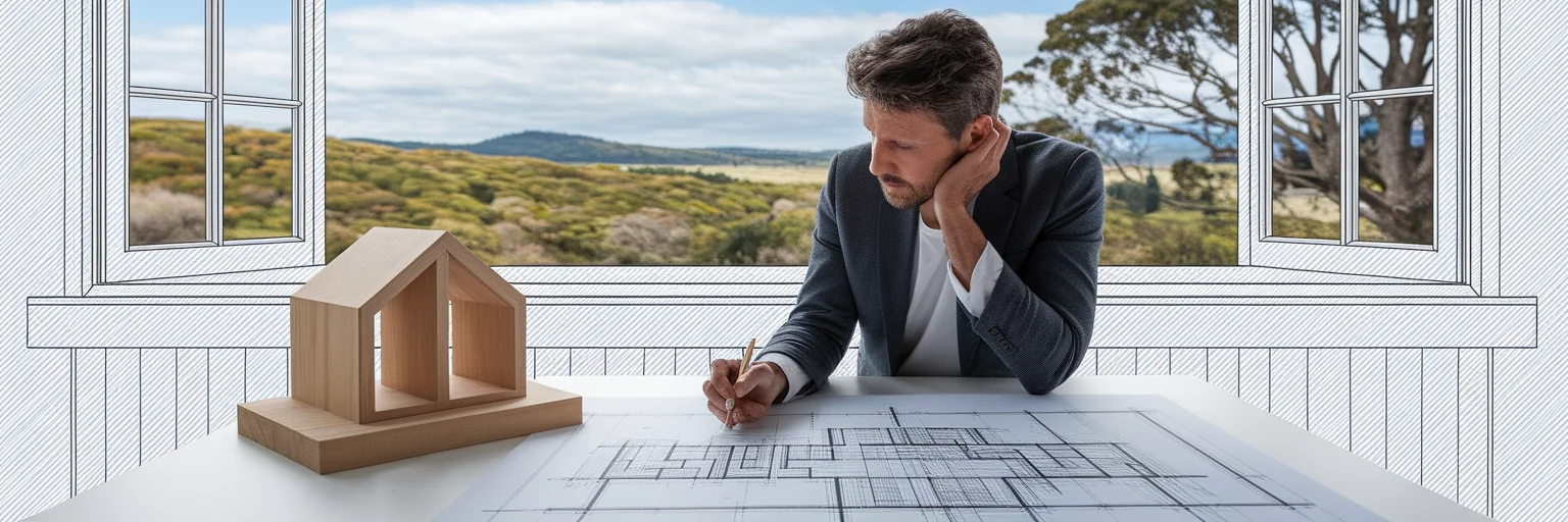 Designer reviewing a house model and construction plans.