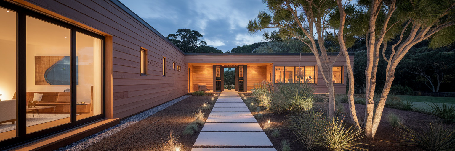 Timber home with large glazed windows at dusk.
