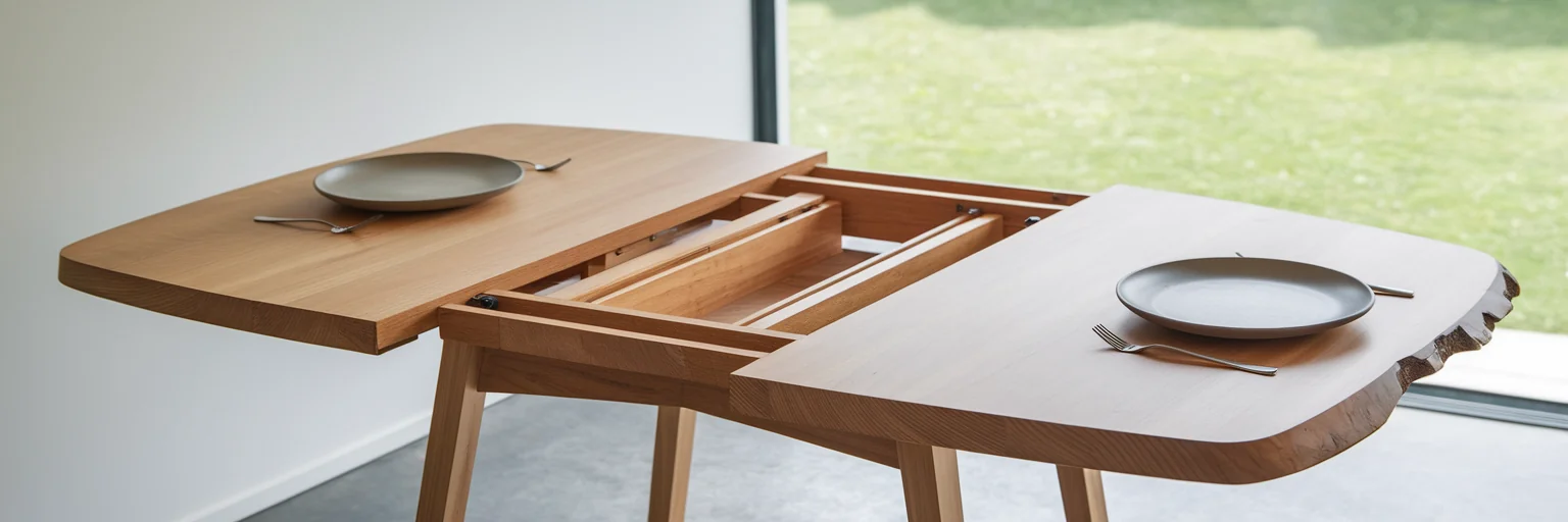 Extendable wooden dining table in room.