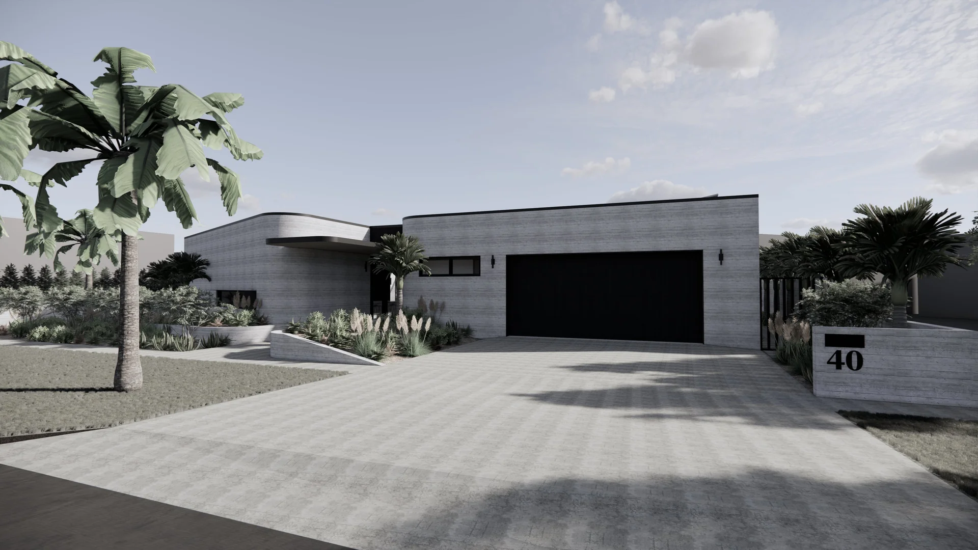 Entrance and driveway visualisation of Seaside Escape in Waikanae Beach, Kāpiti Coast, designed by Modal Architecture.