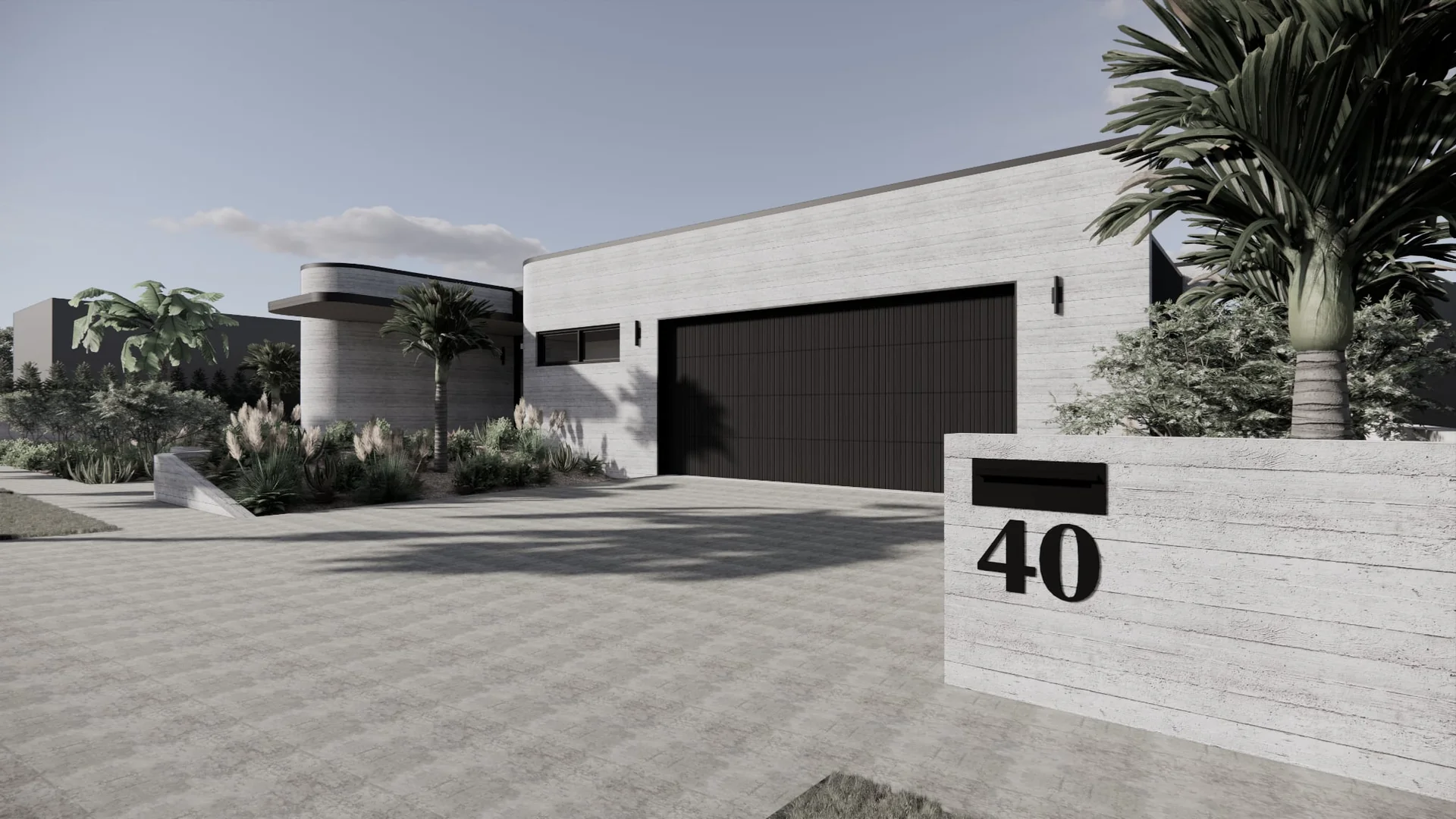 Street entrance visualisation of Seaside Escape in Waikanae Beach, Kāpiti Coast, designed by Modal Architecture.