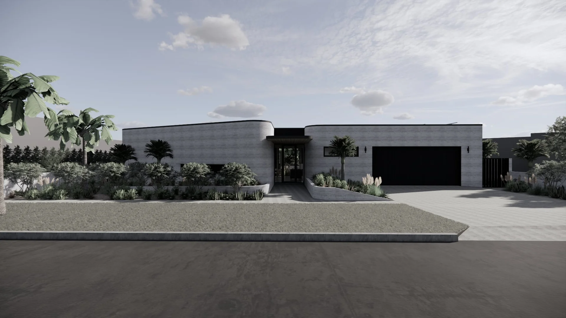 Street elevation visualisation of Seaside Escape in Waikanae Beach, Kāpiti Coast, designed by Modal Architecture.