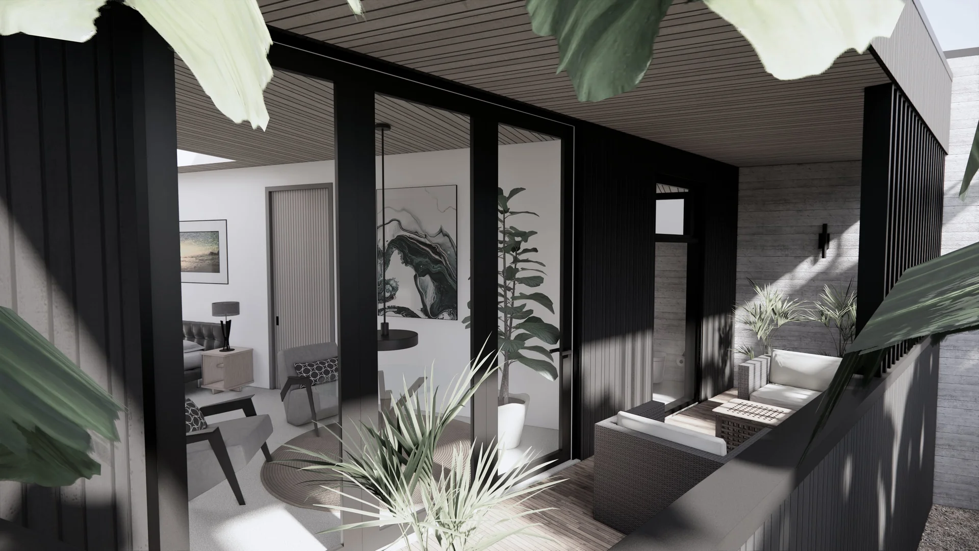 Living room visualisation of Seaside Escape in Waikanae Beach, Kāpiti Coast, designed by Modal Architecture.