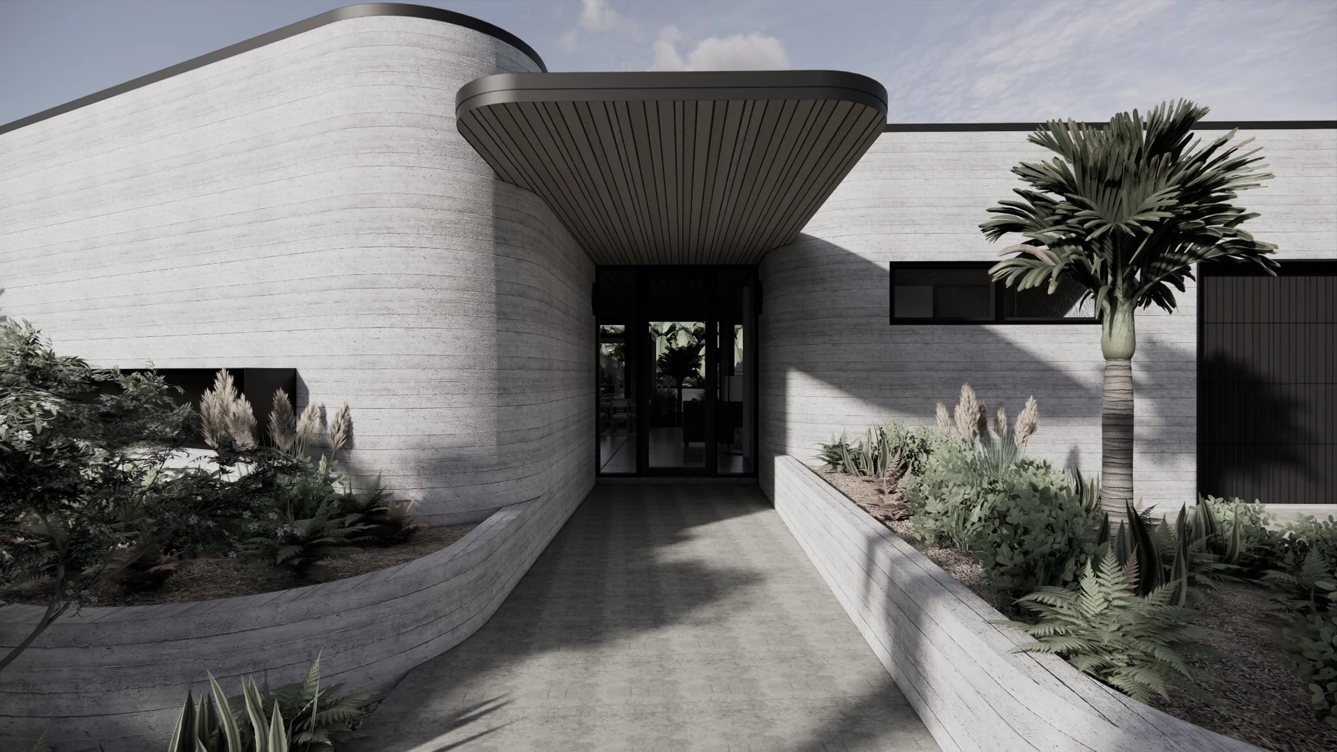 Curved entry and driveway visualisation of Seaside Escape in Waikanae Beach, Kāpiti Coast, designed by Modal Architecture.