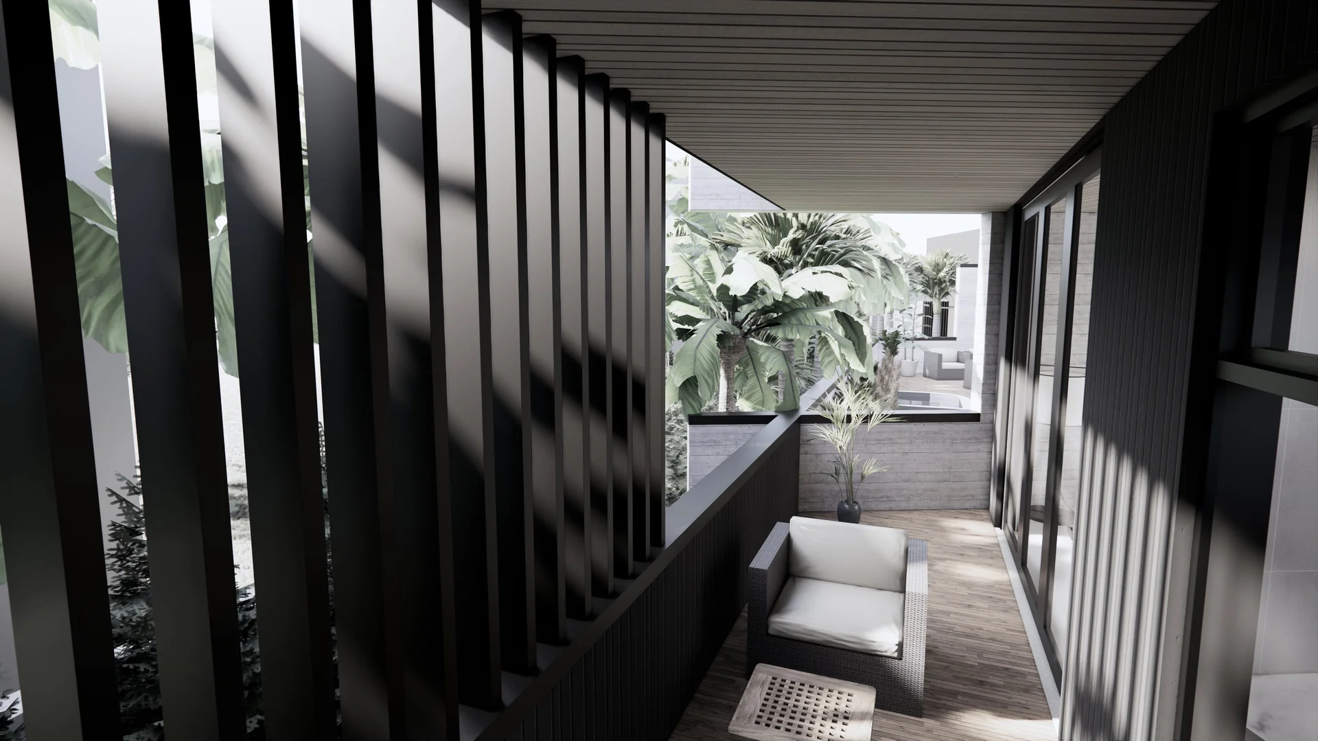 Sheltered outdoor seating visualisation of Seaside Escape in Waikanae Beach, Kāpiti Coast, designed by Modal Architecture.