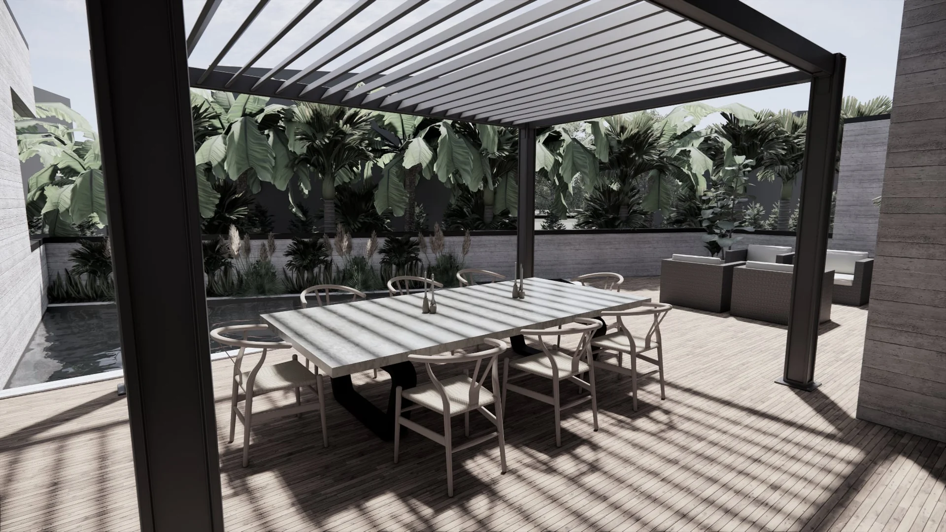 Outdoor dining and terrace visualisation of Seaside Escape in Waikanae Beach, Kāpiti Coast, designed by Modal Architecture.
