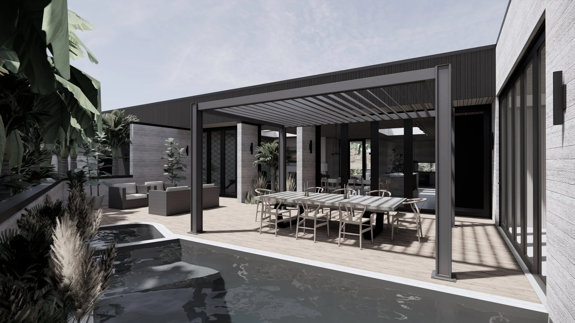 Outdoor dining terrace visualisation of Seaside Escape in Waikanae Beach, Kāpiti Coast, designed by Modal Architecture.