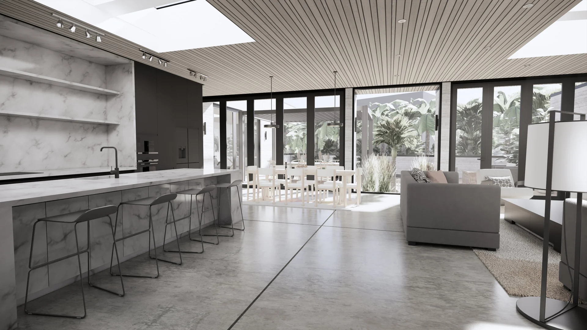 Living area and kitchen visualisation of Seaside Escape in Waikanae Beach, Kāpiti Coast, designed by Modal Architecture.