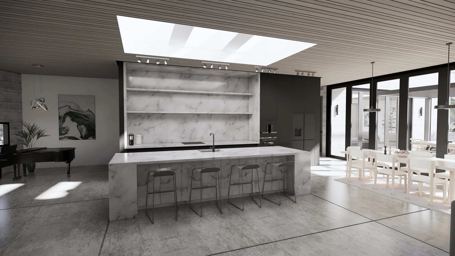 Concrete kitchen island visualisation of Seaside Escape in Waikanae Beach, Kāpiti Coast, designed by Modal Architecture.