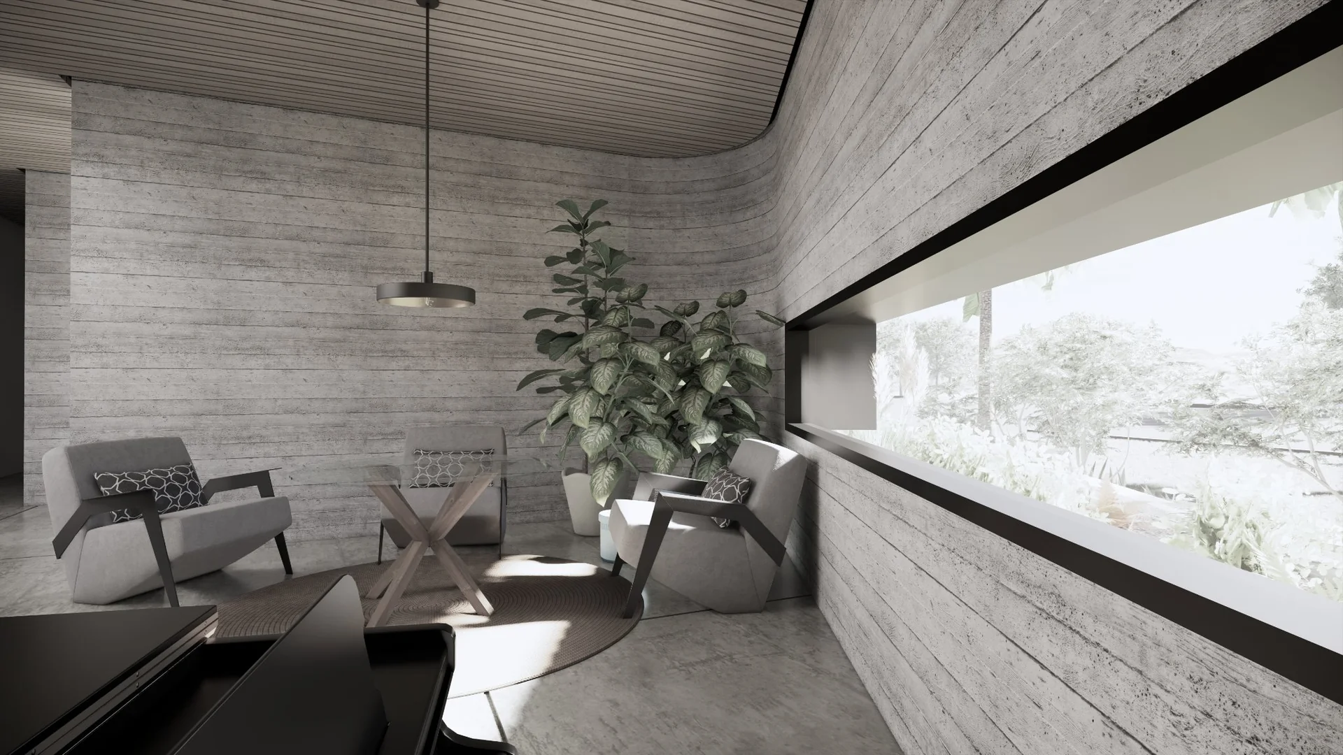 Bedroom and planted courtyard visualisation of Seaside Escape in Waikanae Beach, Kāpiti Coast, designed by Modal Architecture.
