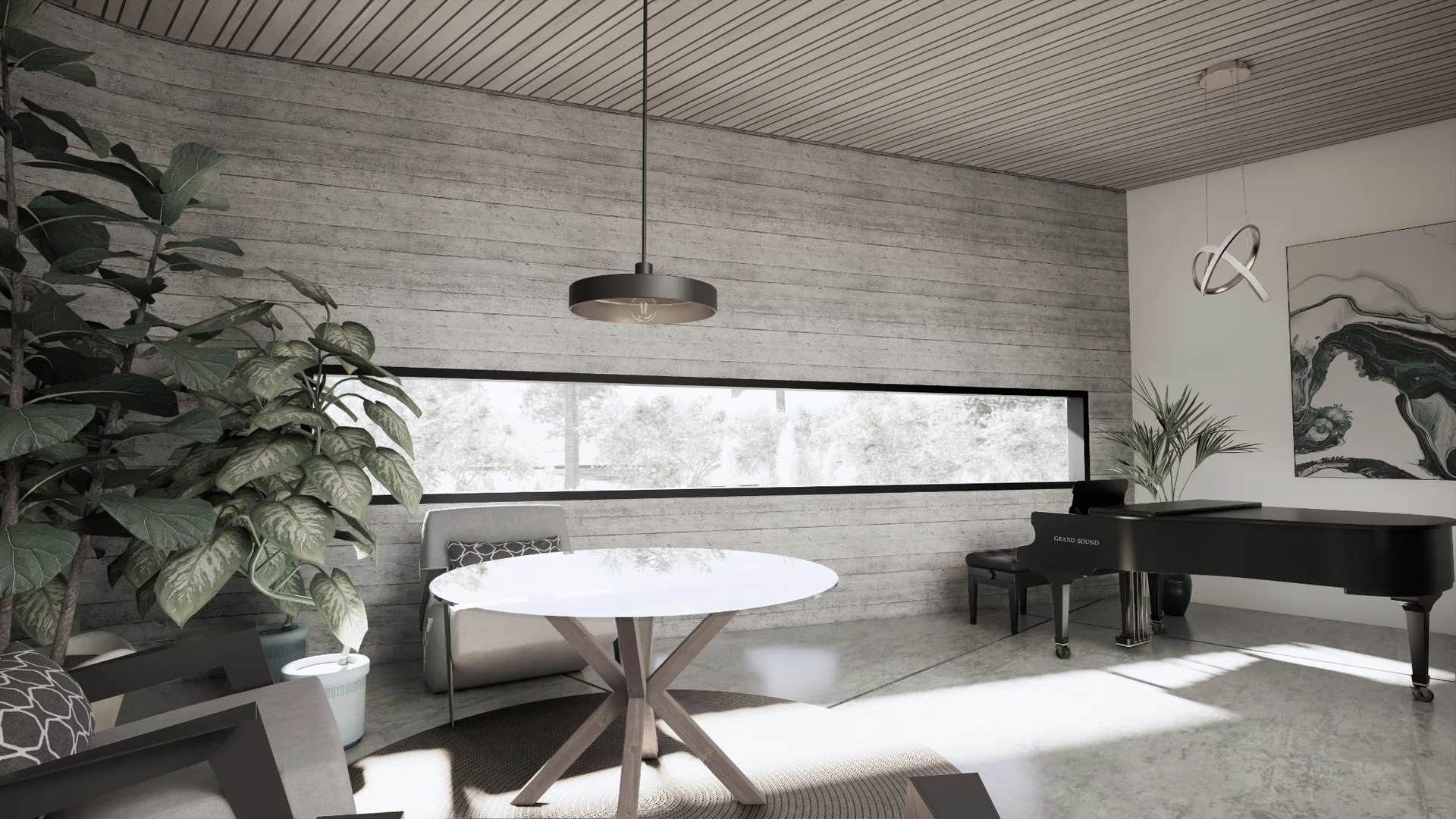 Timber finished dining area visualisation of Seaside Escape in Waikanae Beach, Kāpiti Coast, designed by Modal Architecture.