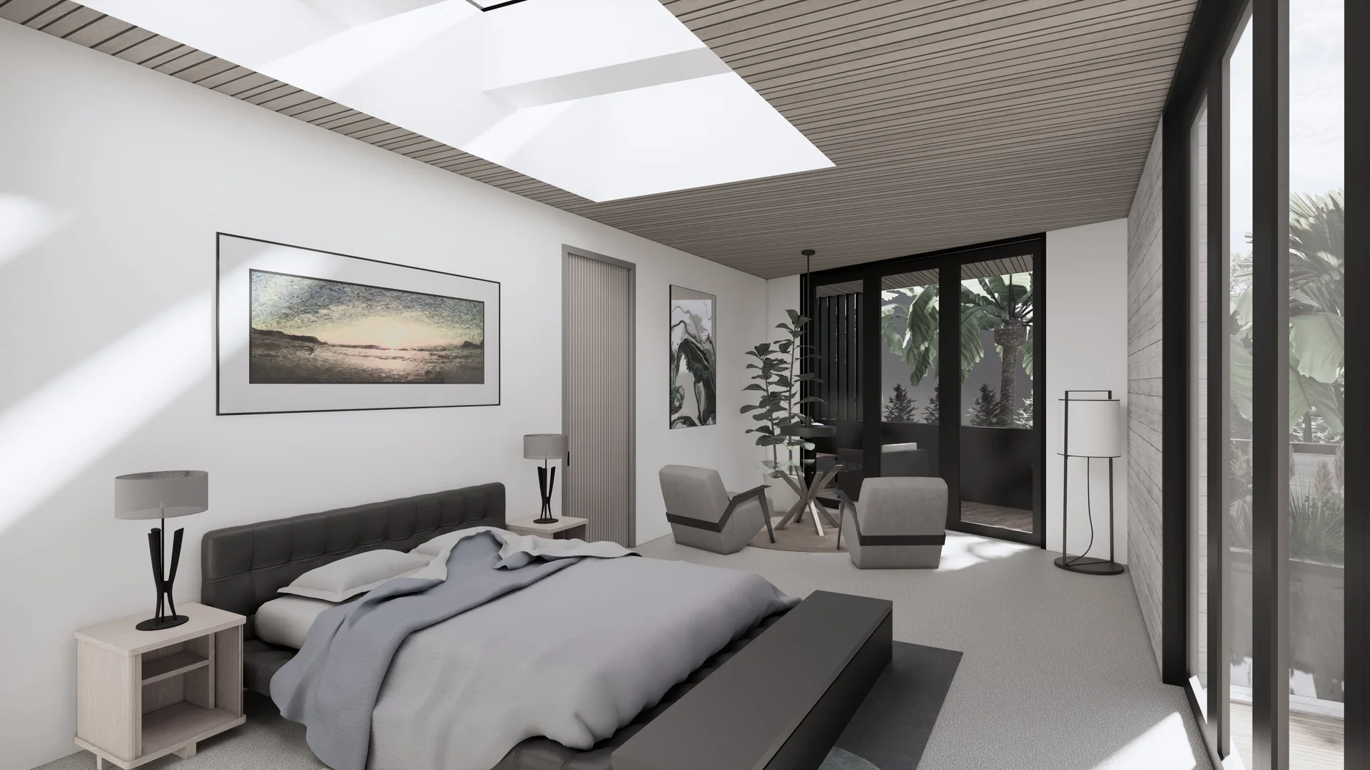 Bedroom visualisation of Seaside Escape in Waikanae Beach, Kāpiti Coast, designed by Modal Architecture.
