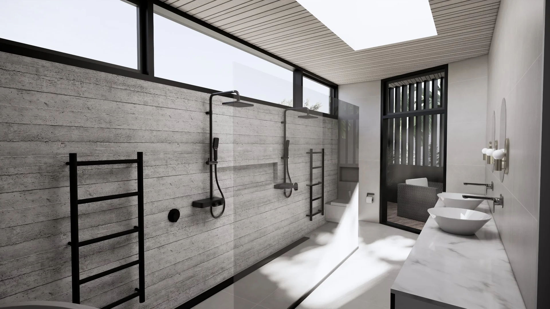 Bathroom and freestanding bath visualisation of Seaside Escape in Waikanae Beach, Kāpiti Coast, designed by Modal Architecture.