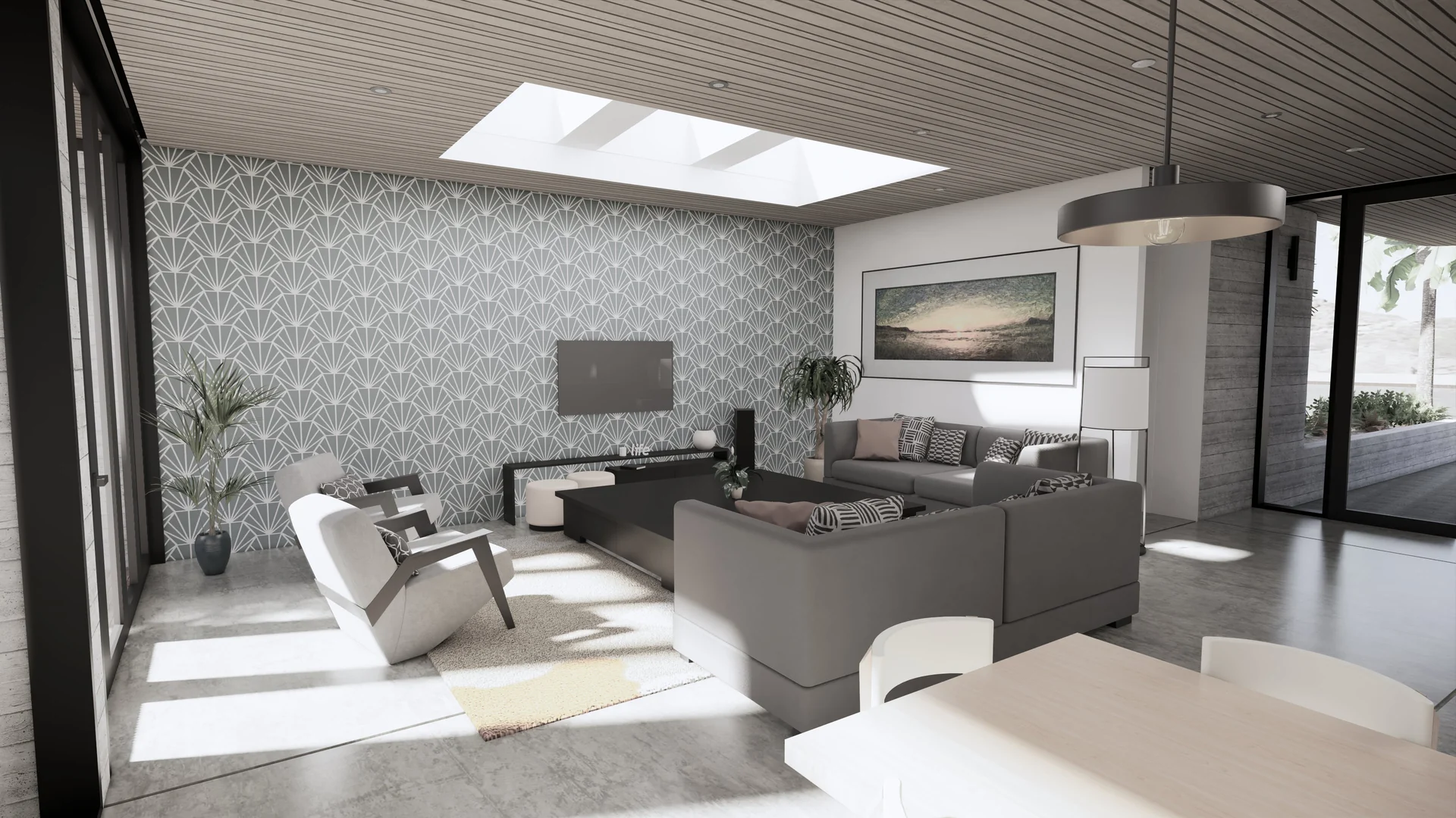 Living room visualisation of Seaside Escape in Waikanae Beach, Kāpiti Coast, designed by Modal Architecture.