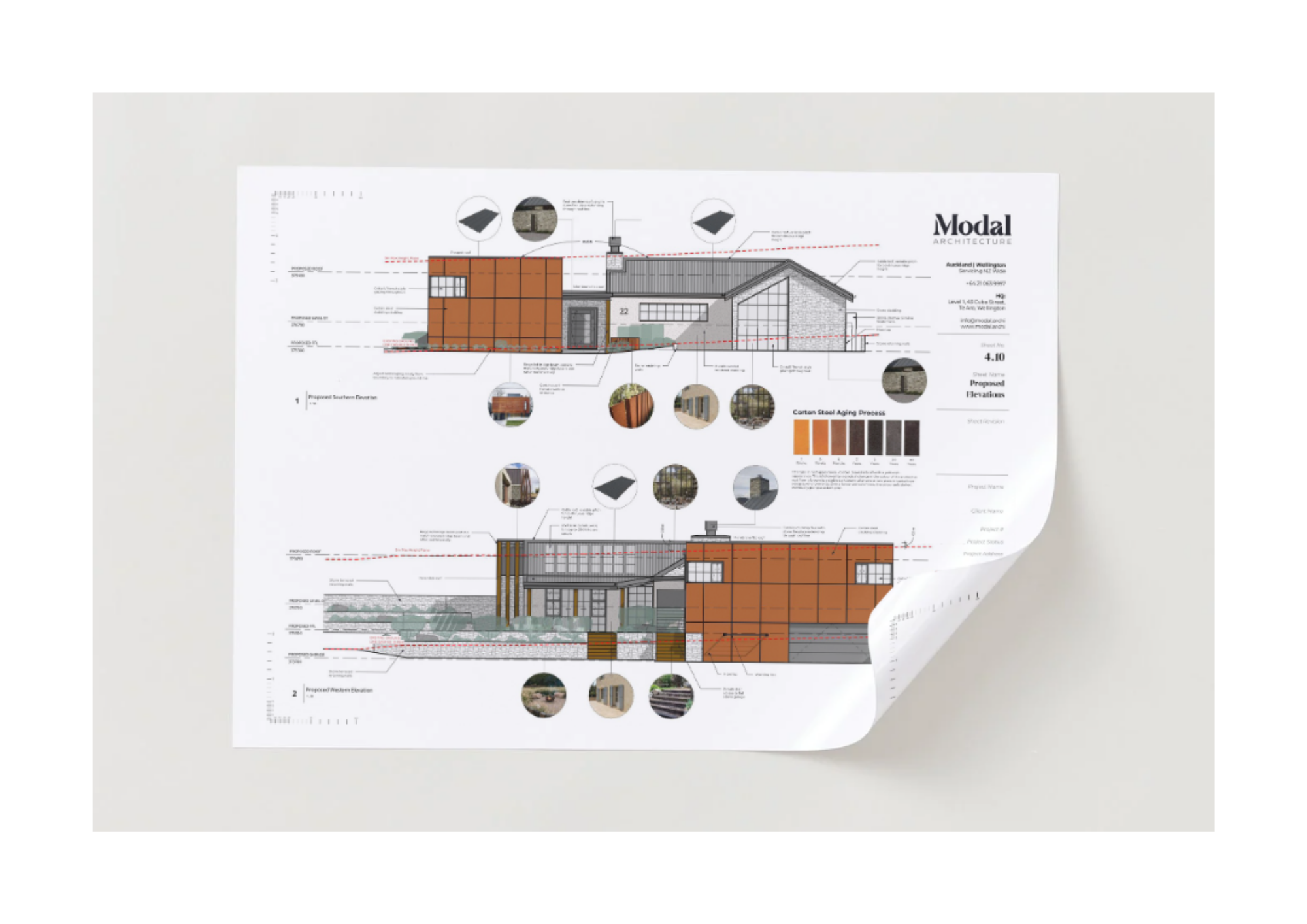 Architectural presentation sheet showing drawings and material references.