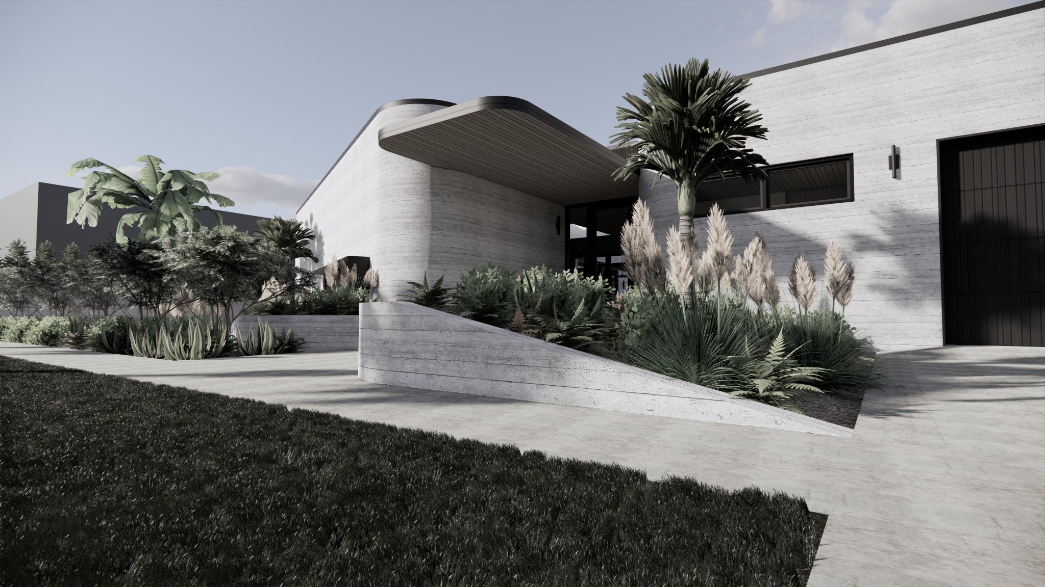 Seaside Escape by Modal Architecture, a new Waikanae Beach home with textured concrete walls and a landscaped entrance.