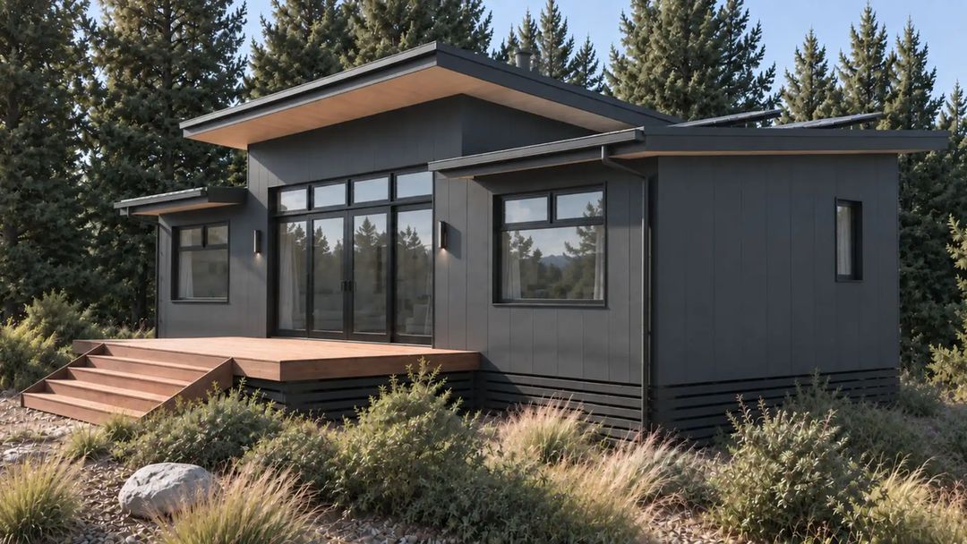 Design visualisation: bespoke home on Malaghan Road, Dalefield, Queenstown, designed by Modal Architecture with black vertical cladding, timber decking and established alpine planting.