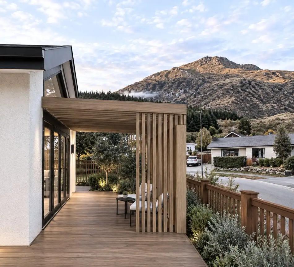Design visualisation: timber pergola and outdoor living area designed by Modal Architecture for a residential home in Lower Shotover, Queenstown.