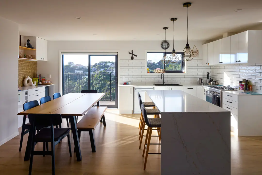 Light filled kitchen and dining space in a Brooklyn Wellington home renovation and extension designed by Modal Architecture.